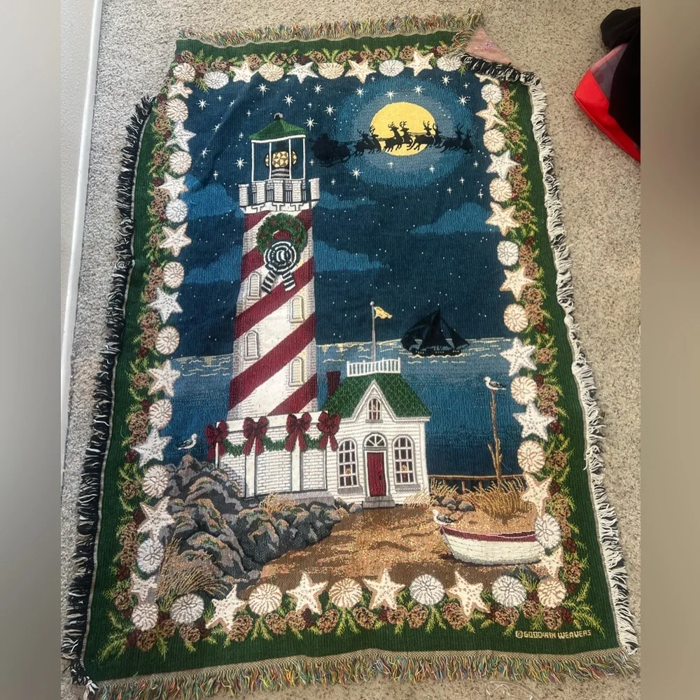VNTG Santa Reindeer Christmas Light House Tapestry Blanket‎ Country Southwestern